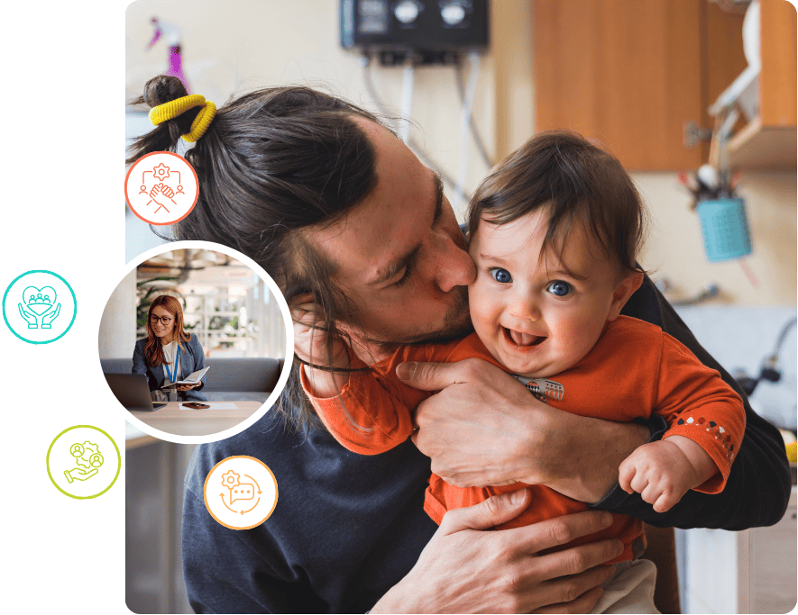 A father kissing his laughing son